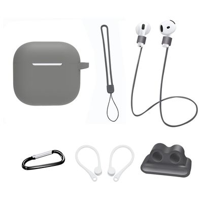 Til AirPods 4 6 i 1 Tilbehør Taske Stropholder Ørekroge Halsrem Nøglering - Grå