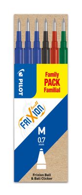 Sett med 6 - FriXion Ball 0.7 refiller - Sort, Blå, Rød, Grønn - Medium spiss Pilot