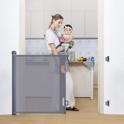 Kid Safety Gate Mesh Pet Hund Sikkerhedsbarriere Sikker Trappe Hegn Beskyttelse Udtrækkelig 0-180 cm, grå