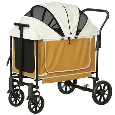 Husdjursvagn – hopfällbar hundbuggy upp till 30 kg, 110×65×102 cm, brun
