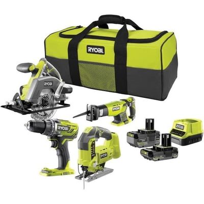 RYOBI 4 værktøjer: 1 boremaskine + save (stiksav, rundsav og sliber) + 2 batterier 4 Ah & 2 Ah + 1 oplader og bæretaske