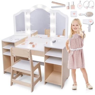 Sminkebord i træ til børn med stol, LED-belysning og tilbehør – stor prinsesse leg – Mamabrum