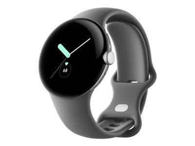 Google Pixel Watch - Polert sølv - smartklokke med bånd - fluorelastomer - trekull - båndbredde: L - 32 GB - Wi-Fi, NFC, Bluetooth - 36 g