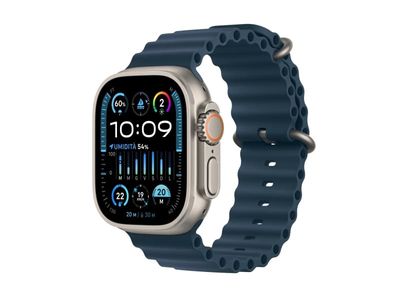 Apple Watch Ultra 2 - 49 mm - titan - smartklokke med Havbånd - fluorelastomer - blå - håndleddstørrelse: 130-200 mm - 64 GB - LTE, Wi-Fi, Bluetooth,
