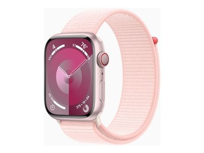 Apple Watch Series 9 (GPS + Cellular) - 45 mm - rosa aluminium - smartklokke med sportssløyfe - myk dobbeltlagsnylon - lys rosa - 64 GB - Wi-Fi, Blue