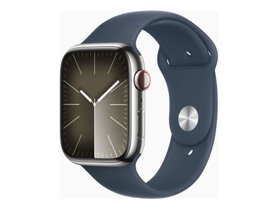 Apple Watch Series 9 (GPS + Cellular) - 45 mm - sølv rustfritt stål - smartklokke med sportsbånd - fluorelastomer - stormblå - båndbredde: S/M - 64 G