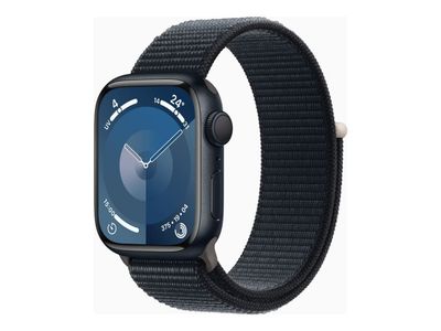 Apple Watch Series 9 (GPS) - 41 mm - midnattsaluminium - smartklokke med sportssløyfe - myk dobbeltlagsnylon - midnatt - 64 GB - Wi-Fi, Bluetooth, UW