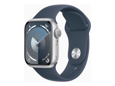 Apple Watch Series 9 (GPS) - 41 mm - sølvaluminium - smartklokke med sportsbånd - fluorelastomer - stormblå - båndbredde: S/M - 64 GB - Wi-Fi, Blueto