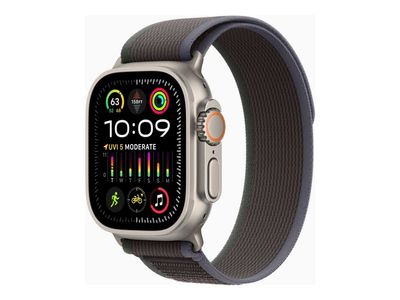 Apple Watch Ultra 2 - 49 mm - titan - smartklokke med Trail Loop - nylonvev - blå/svart - båndbredde: S/M - 64 GB - LTE, Wi-Fi, Bluetooth, UWB - 4G