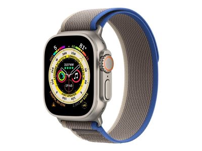 Apple Watch Ultra - 49 mm - titan - smartklokke med Trail Loop - myk dobbeltlagsnylon - blå/grå - båndbredde: S/M - 32 GB - Wi-Fi, LTE, UWB, Bluetoot
