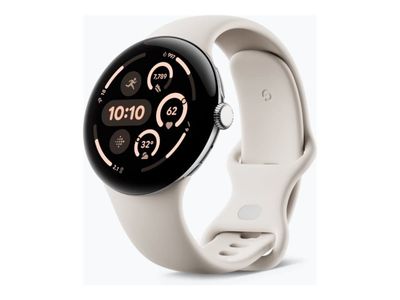 Google Pixel Watch 3 - 45 mm - polert sølvaluminium - smartklokke med aktivt bånd - fluorelastomer - porselen - båndbredde: L - 32 GB - Bluetooth, Wi