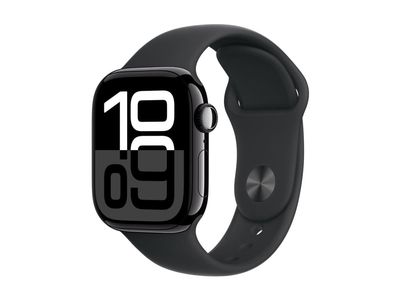 Apple Watch Series 10 (GPS) - 42 mm - jet svart aluminium - smartklokke med sportsbånd - fluorelastomer - svart - båndbredde: S/M - 64 GB - Wi-Fi 4,