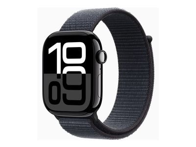 Apple Watch Series 10 (GPS) - 46 mm - jet svart aluminium - smartklokke med sportssløyfe - myk dobbeltlagsnylon - blekk - håndleddstørrelse: 130-200