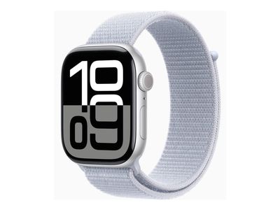 Apple Watch Series 10 (GPS) - 46 mm - sølvaluminium - smartklokke med sportssløyfe - myk dobbeltlagsnylon - blå sky - håndleddstørrelse: 130-200 mm