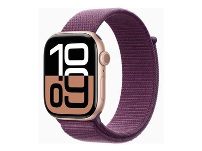Apple Watch Series 10 (GPS) - 46 mm - rosegull aluminium - smartklokke med sportssløyfe - myk dobbeltlagsnylon - plomme - håndleddstørrelse: 130-200