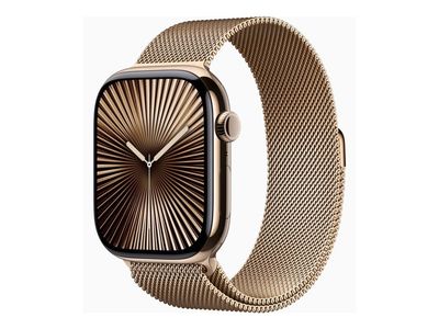 Apple Watch Series 10 (GPS + Cellular) - 46 mm - gull titan - smartklokke med fint strikket løkke - nett av rustfritt stål - gull - båndbredde: S/M