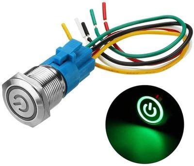 19 mm trykknappbryter i rustfritt stål, 12V-24V 5A LED PÅ AV Vanntett koblingsbryter med fast (grønn)