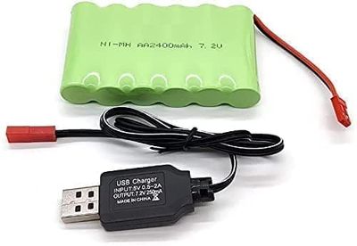 1-osainen ladattava 7.2V 2400mAh Ni-MH AA JST ja USB-laturikaapeli - lisävarusteet kaukosäätimen lelujen akkuihin