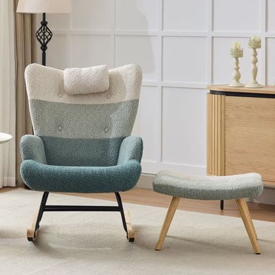 Gyngestol i farverigt patchwork-design – bouclépolstring, gummiben, sprøjtejernsstel, med fodskammel til stue og soveværelse