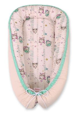 Babypuppe, dobbeltsidet, kravlegård, svøb, Premium BOBONO - ugler, creme/pudderrosa