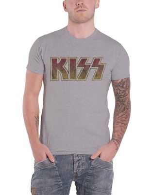 Kiss T Shirt Vintage Classic Band Logo distressed Official Mens Grey
