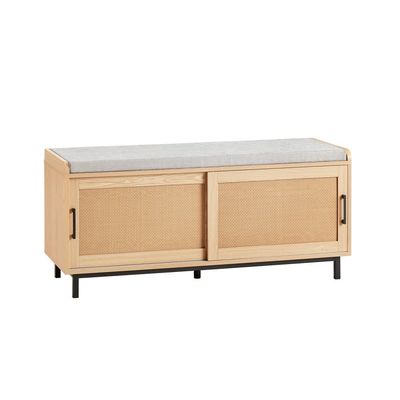 SoBuy Skobänk 110x40x49 cm - Med vadderad kudde, 2 skjutdörrar och flätade rottingfronter FSR154-N