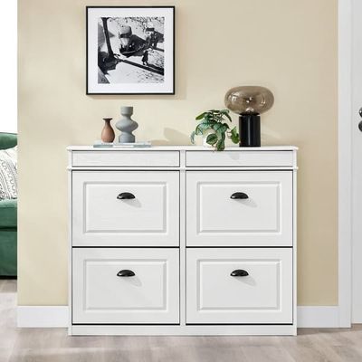 SoBuy Smalt skoskab med justerbare hylder og 2 skuffer, 4 klapdøre – Pladsbesparende 105x24x82cm Hvid FSR79-WG