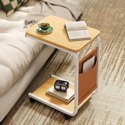 OBOSOE Rulleligt Sidebord & Sofabord – C-formet sofabord i træ med opbevaring og 360° hjul til sofa/seng