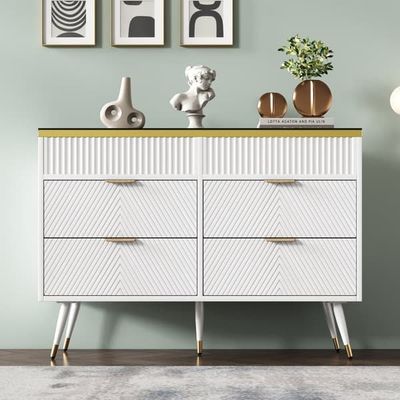 Valkoinen senkki 120x40x76 cm, keltainen lasi – Allaskaappi, jossa 6 laatikkoa ja lokeroa, kaatumissuoja