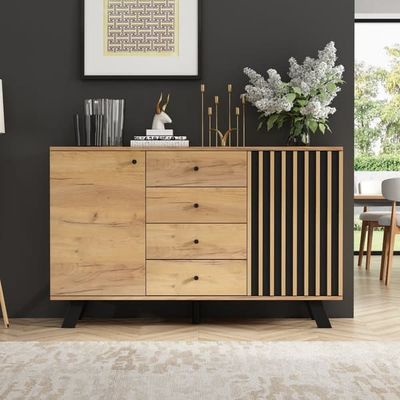 Skænk 120×38×75cm – skænk med 4 skuffer og 2 skabe, opbevaringsskab med 5 massive træben, bred kommode i træfarve