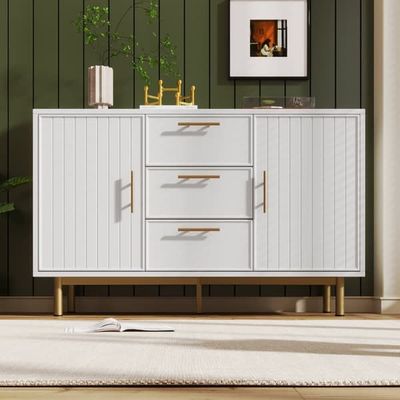 Hvid skænk med 2 låger og 3 skuffer – Opbevaringsskab med justerbar hylde til soveværelse/stue – 75x120x40 cm
