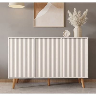 DESIGN AMEUBLEMENT - Lågt skåp modernt - 3 räfflade dörrar - Vitt - Melamin - 120x76x40 cm