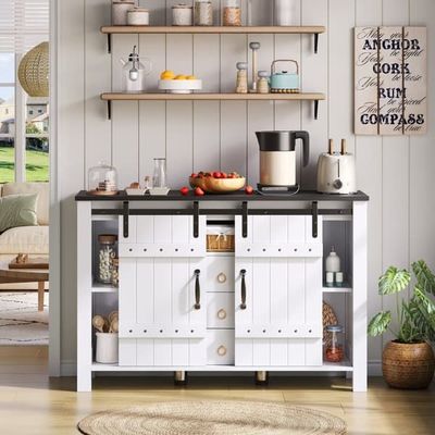 Buffé med Förvaring, 120 cm, Sidobord med Skjutdörrar & 3 Lådor, Rustik Design, Vit