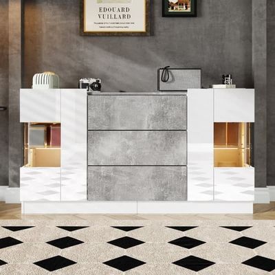Sideboard med LED - 2 dörrar och 3 lådor - blank vit front och grå marmorlook - vit