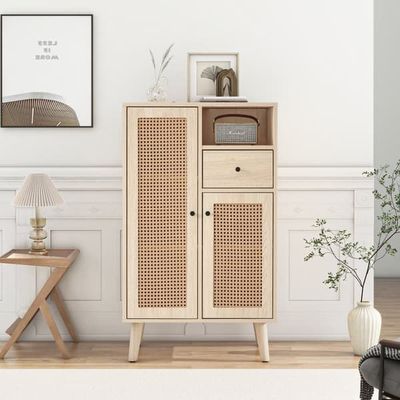 Høj skænk - 2 rattanlåger og 1 skuffe - Landlig stil - Natur