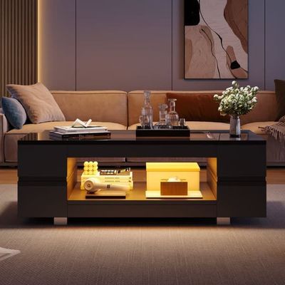 Sort LED sofabord med Bluetooth-kontrol – højglans dobbeltlags sofabord med åbent design