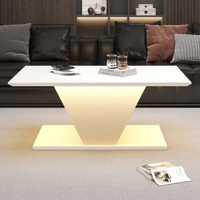 100x50x46 cm Soffbord, högblanks V-form med LED-ljus, kaffebord, sidobord, passar små rum, vitt