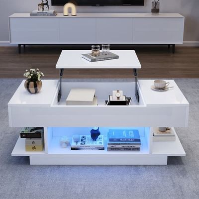 98×45×40 cm hæveligt sofabord med højdejusterbar bordplade, 2 klapskabe, halvåben opbevaring, hvid højglans med LED