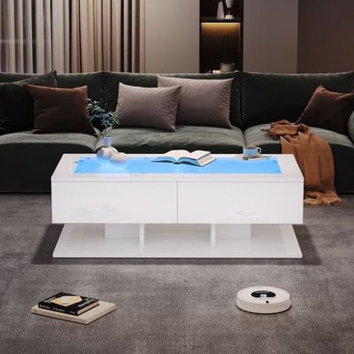 Sofabord 100×50×35 cm, hvid højglans med LED-lys, glasplade og skuffer, moderne stuebord