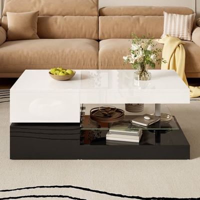 Moderne sofabord med LED, app og Bluetooth-styring, glas og højglans overflade, sort-hvid, 90x45x35,5 cm