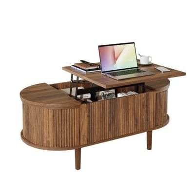 Oval soffbord med justerbar höjd, förvaring, vintage-stil, multifunktionellt vardagsrumsbord med massiva träben, modernt designmöbel