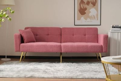 Bäddsoffa med justerbart ryggstöd – med guldfärgade ben, kuddar och sidofickor – soffa med sängfunktion och förvaring