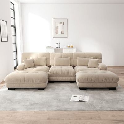 Lyxig modulär U-soffa i chenille, djup sits och förvandlingsbar bäddsoffa med ottoman, stor cloud design ljusbrun