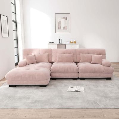 Lyxig modulär hörnsoffa – extra stor L-formad cloud soffa för vardagsrum, djup bäddsoffa med ottoman, rosa chenille