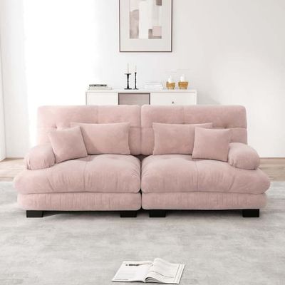 Cloud hörnsoffa för vardagsrum, chenille 2-sits soffa med 2 ländkuddar & 2 prydnadskuddar, massiv träram, rosa