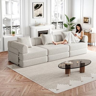 Chenille-bäddsoffa 2-i-1 med förvaring i armstöd, tre metallramar och flera konfigurationer