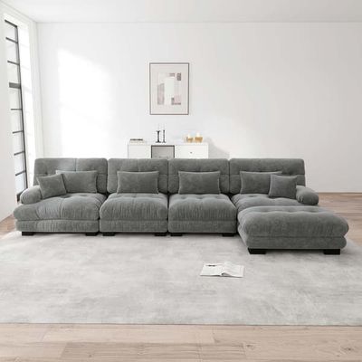Modulär hörnsoffa L-formad 4-sits soffa för vardagsrum, bekväm cloud soffa med flyttbar ottoman, DIY kombination, grå chenille