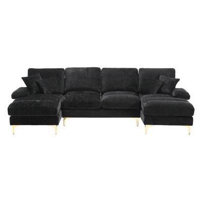 Modern U-format soffa i chenille med dubbla vilstolar, stor hörnsoffa för vardagsrum, sovrum, kontor, lägenhet eller villa – Svart