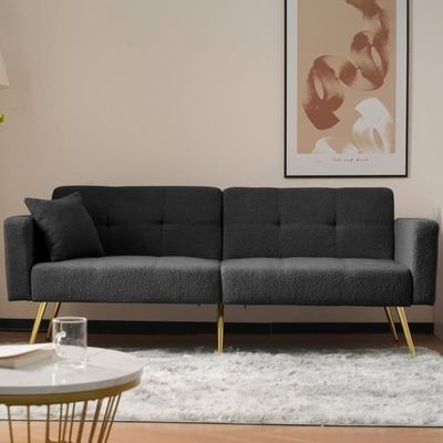 Bäddsoffa med justerbart ryggstöd – med guldfärgade ben, kuddar och sidofickor – soffa med sängfunktion och förvaring