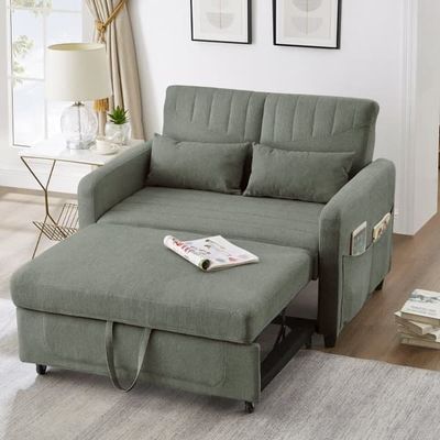 Sovesofa med 2-personers funktion og sovefunktion, udklappeligt design, justerbar ryg i tre positioner, bomulds- og hørstof